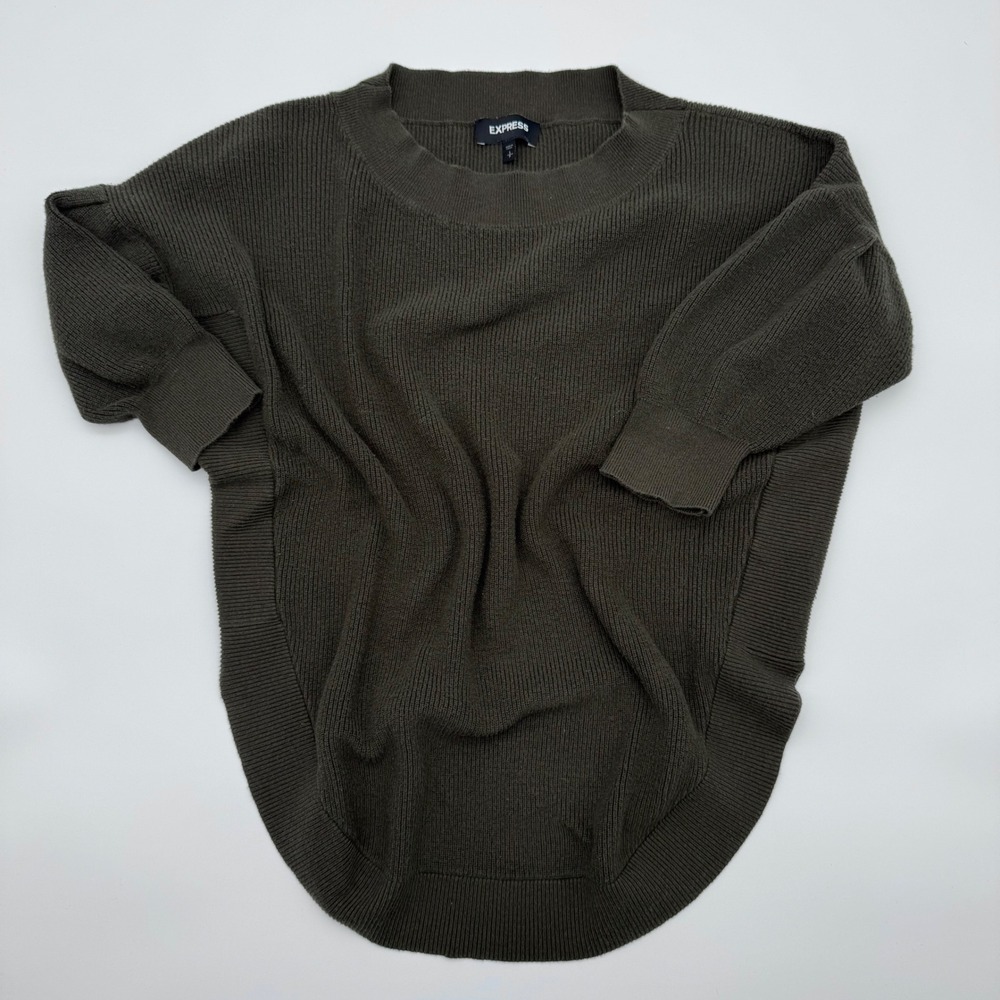 Express Womens Dark Olive Green Ribbed Knit Quarter Sleeve Long Sweater Small